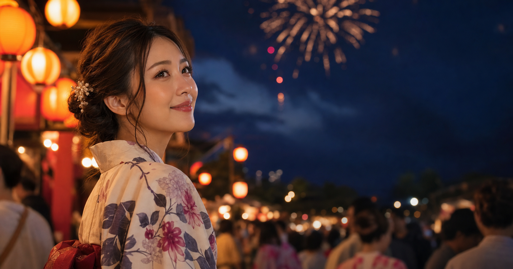 浴衣姿で夏祭りを楽しむ成人女性と夜空の花火